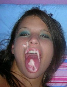 Beautiful brunette teen with sperm on tongue